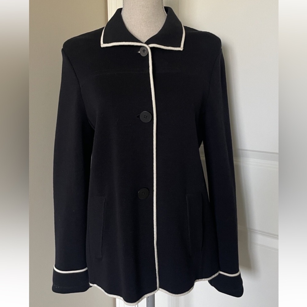 Talbots Black knit Jacket with White Piping
